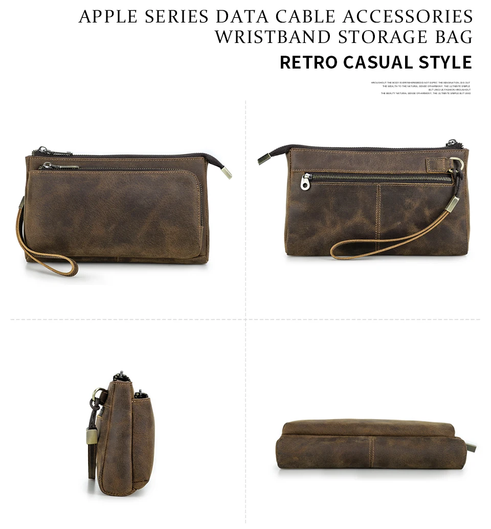 Cowhide Men's Clutch Bags Genuine Leather Men Business Travel Handbags Large Capacity Cable Organizer Clutch Purse Vintage Style