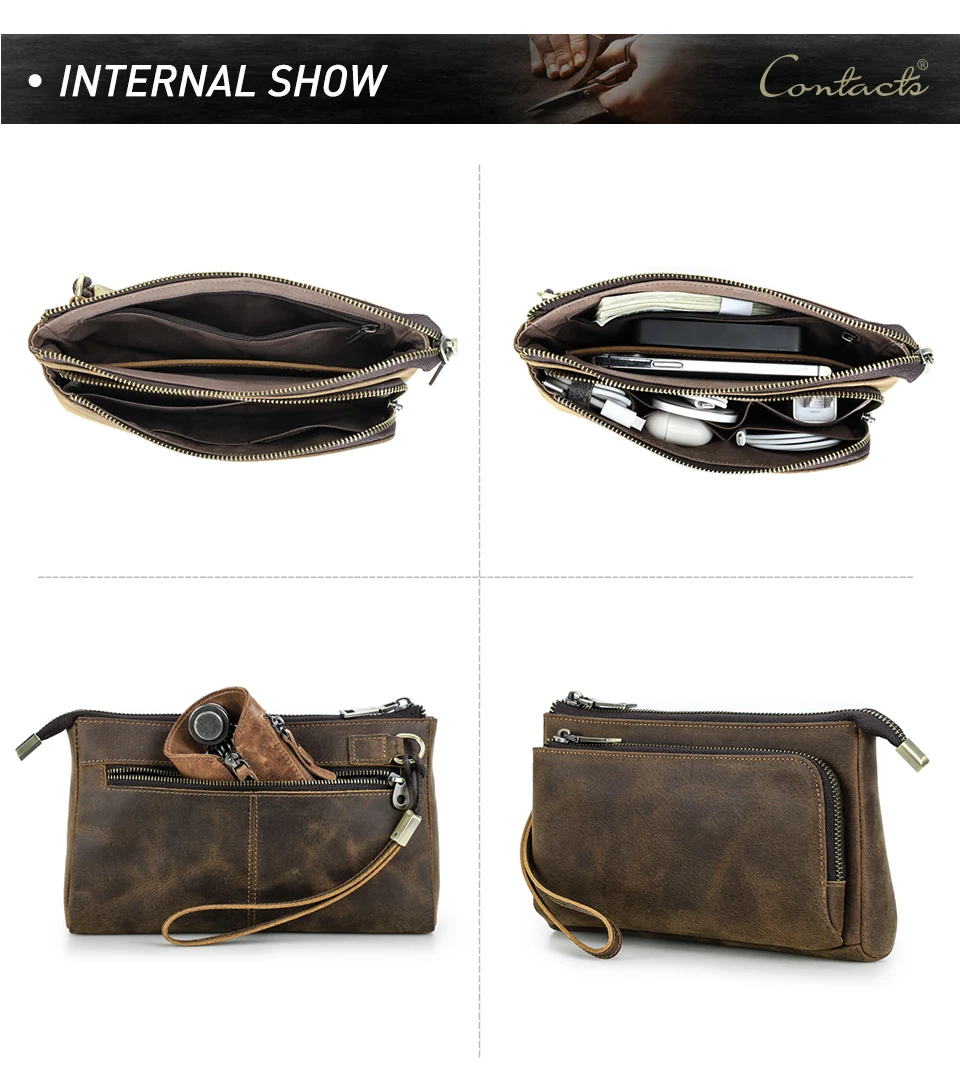Cowhide Men's Clutch Bags Genuine Leather Men Business Travel Handbags Large Capacity Cable Organizer Clutch Purse Vintage Style