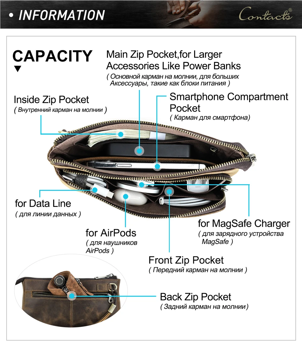 Cowhide Men's Clutch Bags Genuine Leather Men Business Travel Handbags Large Capacity Cable Organizer Clutch Purse Vintage Style