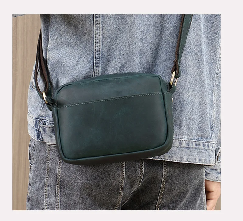 Vintage Crazy Horse Leather Crossbody Bag - Minimalist Unisex Small Square Top-Grain Cowhide Shoulder Bag, Boho Niche Style