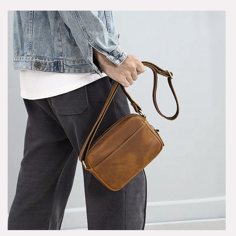 Vintage Crazy Horse Leather Crossbody Bag - Minimalist Unisex Small Square Top-Grain Cowhide Shoulder Bag, Boho Niche Style