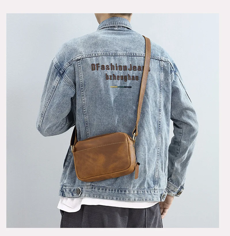 Vintage Crazy Horse Leather Crossbody Bag - Minimalist Unisex Small Square Top-Grain Cowhide Shoulder Bag, Boho Niche Style
