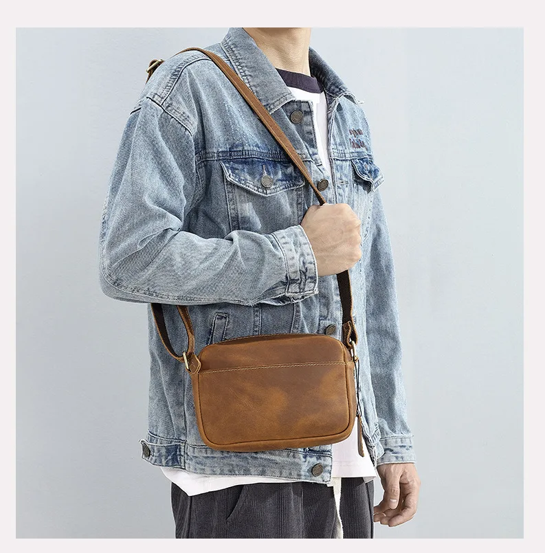 Vintage Crazy Horse Leather Crossbody Bag - Minimalist Unisex Small Square Top-Grain Cowhide Shoulder Bag, Boho Niche Style