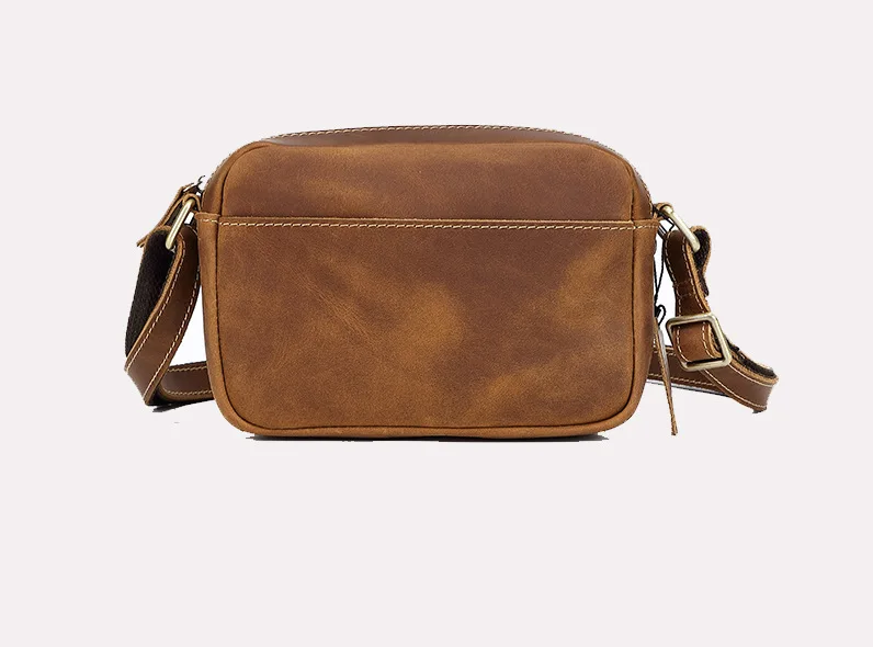 Vintage Crazy Horse Leather Crossbody Bag - Minimalist Unisex Small Square Top-Grain Cowhide Shoulder Bag, Boho Niche Style