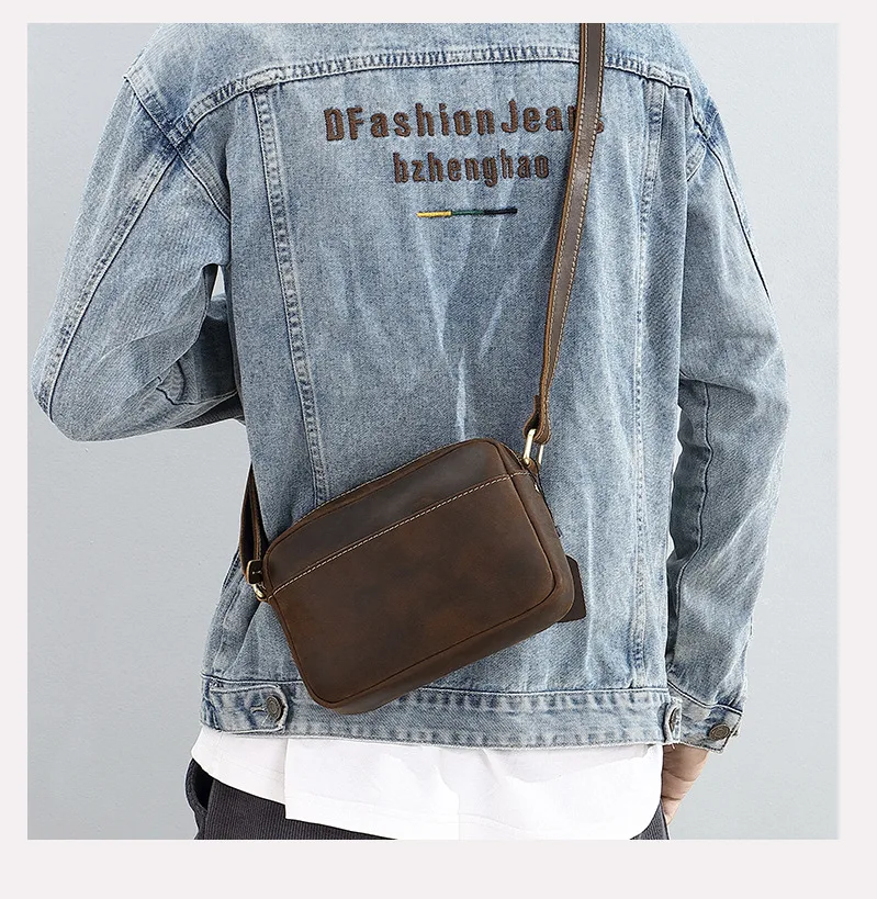 Vintage Crazy Horse Leather Crossbody Bag - Minimalist Unisex Small Square Top-Grain Cowhide Shoulder Bag, Boho Niche Style