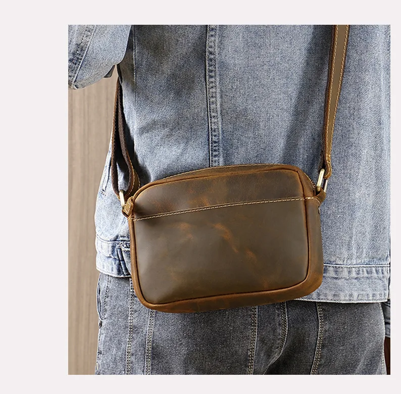 Vintage Crazy Horse Leather Crossbody Bag - Minimalist Unisex Small Square Top-Grain Cowhide Shoulder Bag, Boho Niche Style