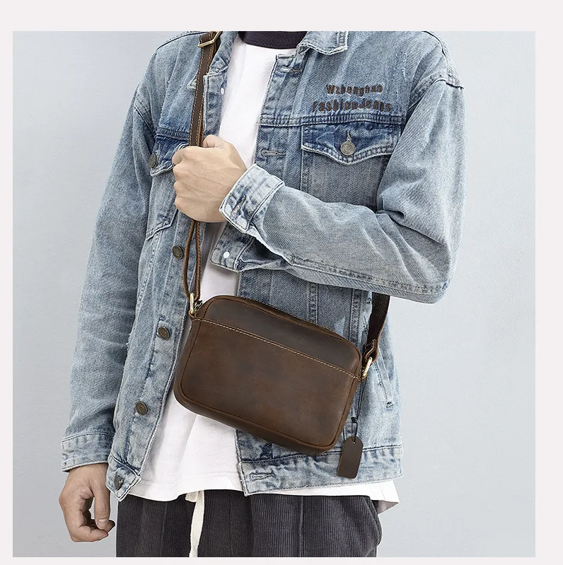 Vintage Crazy Horse Leather Crossbody Bag - Minimalist Unisex Small Square Top-Grain Cowhide Shoulder Bag, Boho Niche Style