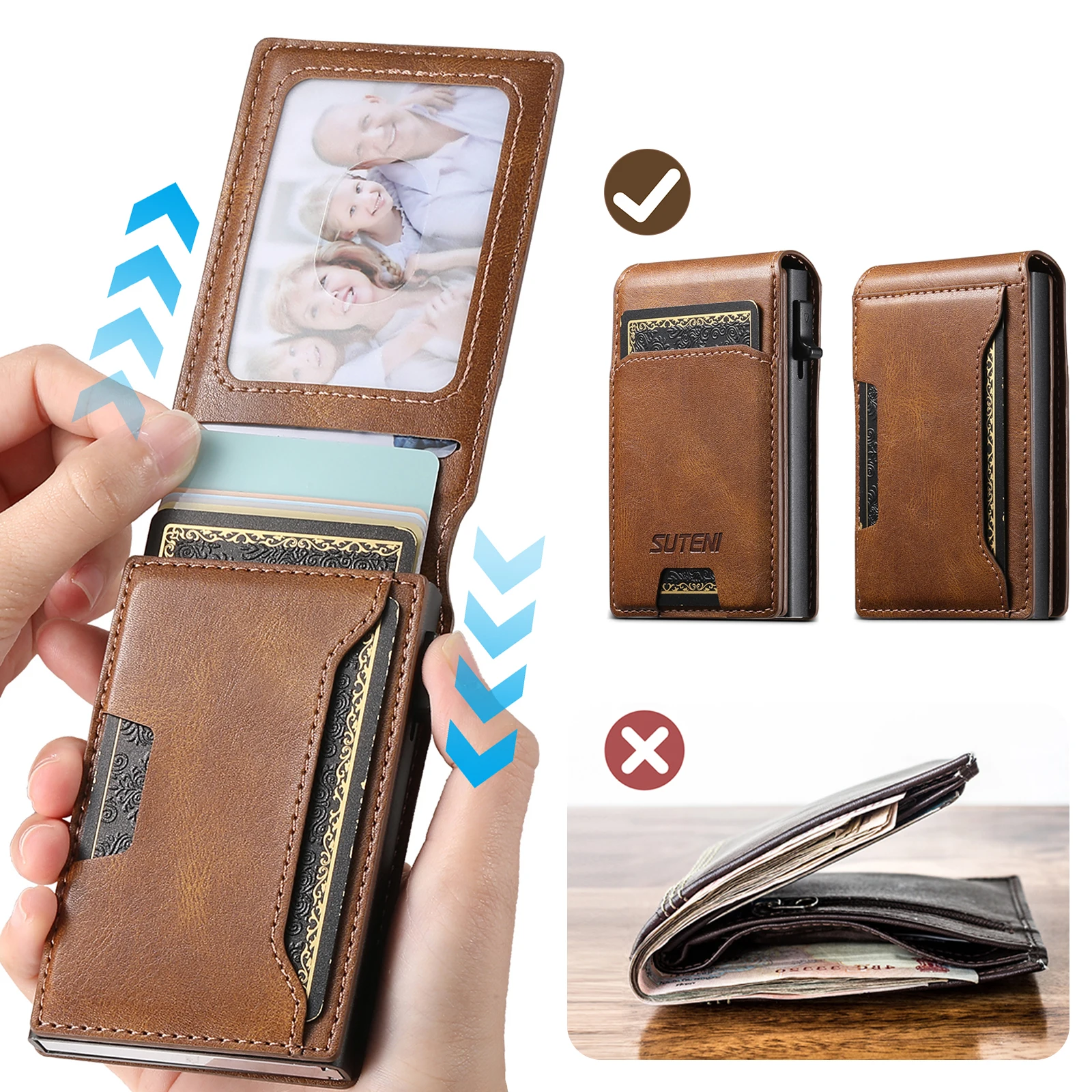 SUTENI Card Slot Wallet Flip Cover Faux Leather Card Box Pressing The Button Automatically Ejects The Card