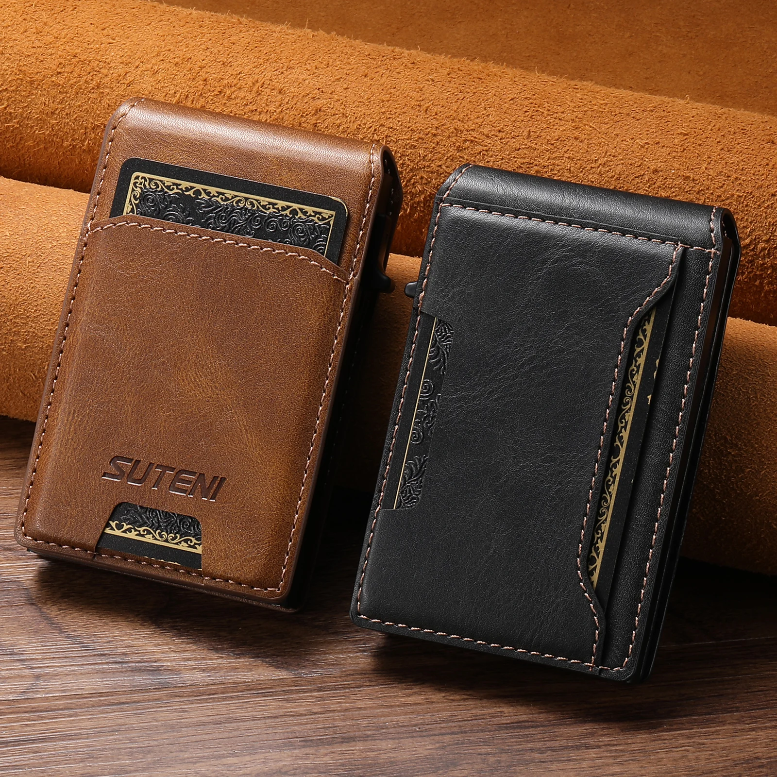 SUTENI Card Slot Wallet Flip Cover Faux Leather Card Box Pressing The Button Automatically Ejects The Card