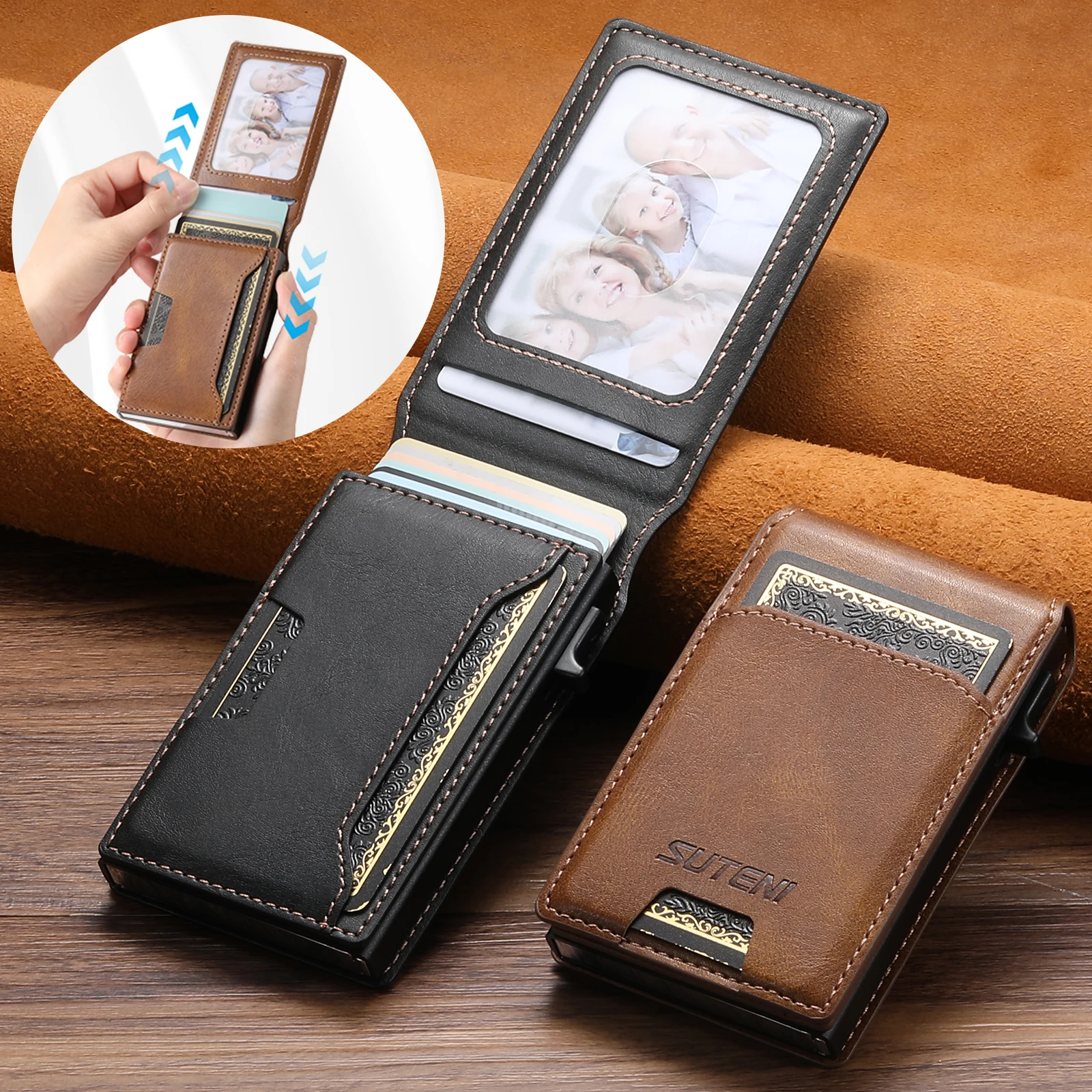 SUTENI Card Slot Wallet Flip Cover Faux Leather Card Box Pressing The Button Automatically Ejects The Card