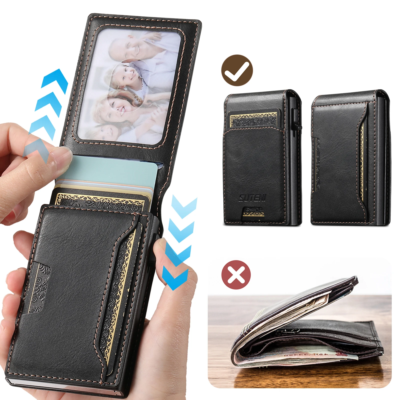 SUTENI Card Slot Wallet Flip Cover Faux Leather Card Box Pressing The Button Automatically Ejects The Card