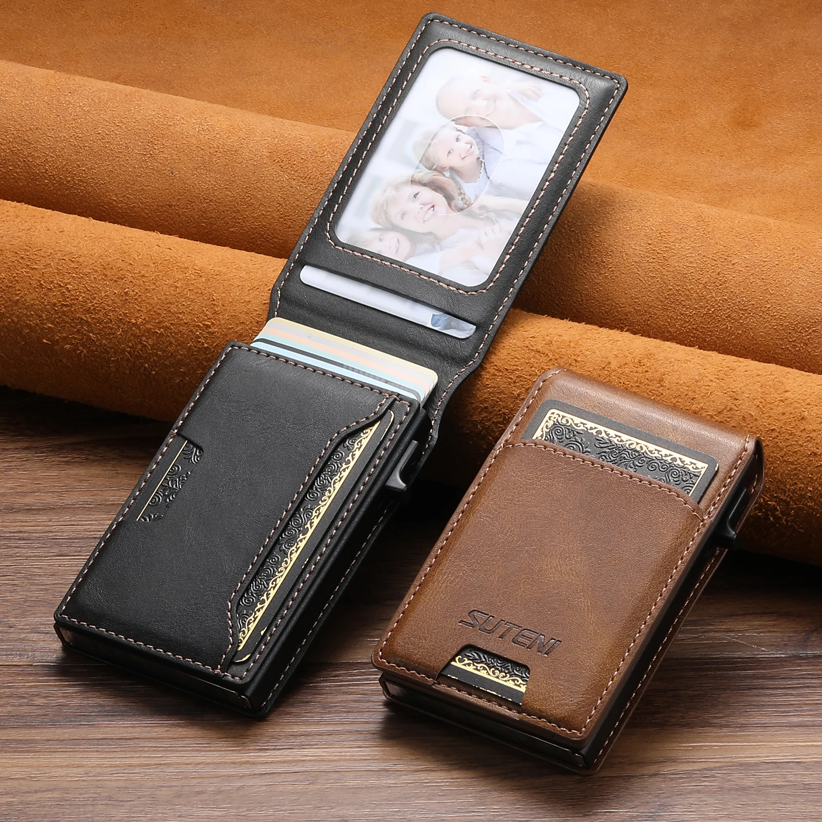 SUTENI Card Slot Wallet Flip Cover Faux Leather Card Box Pressing The Button Automatically Ejects The Card