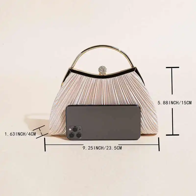 1 PC Ruched Evening Bag For Women, Top Ring Clutch Purse, Rhinestone Decor Handbags For Wedding Prom Dinner