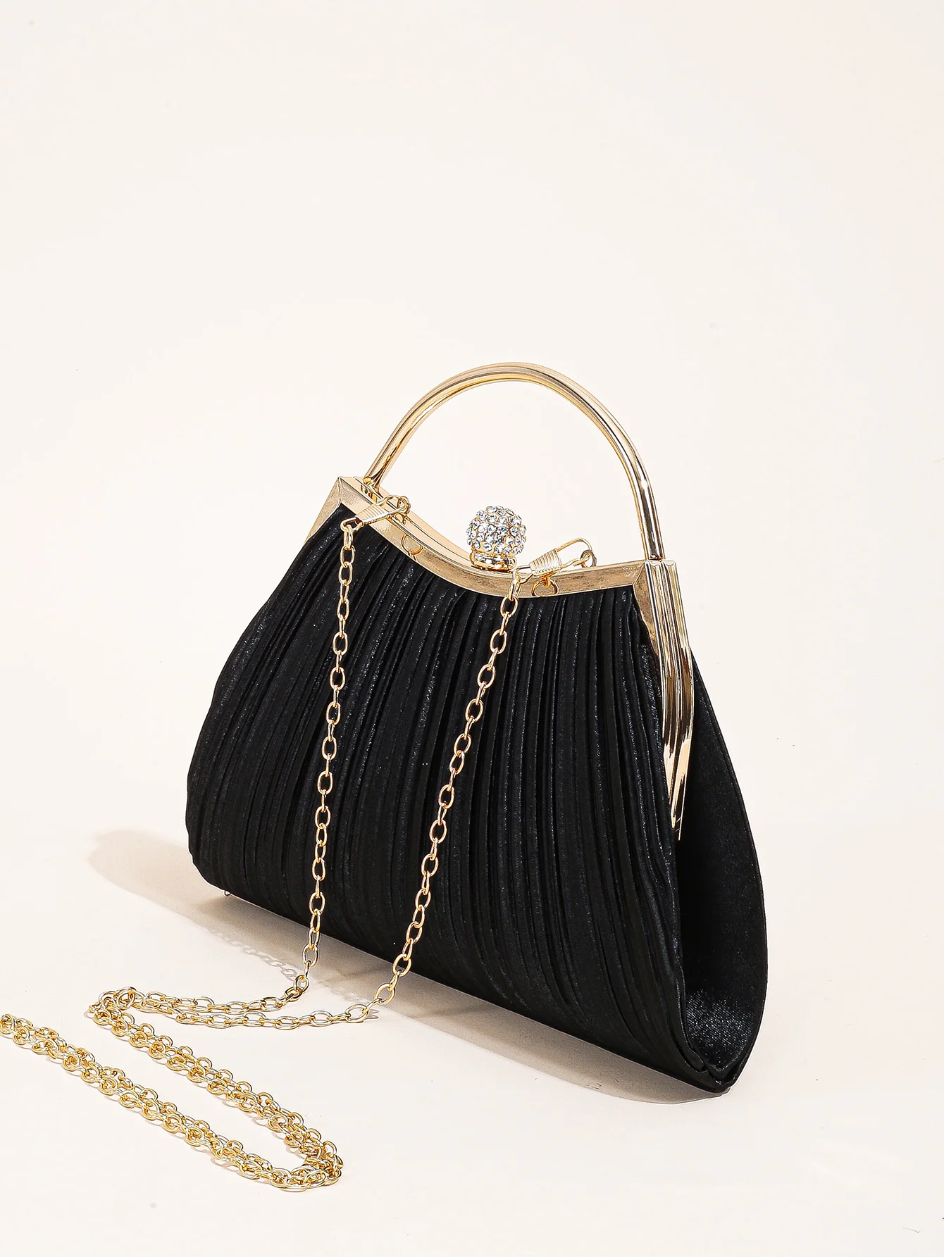 1 PC Ruched Evening Bag For Women, Top Ring Clutch Purse, Rhinestone Decor Handbags For Wedding Prom Dinner