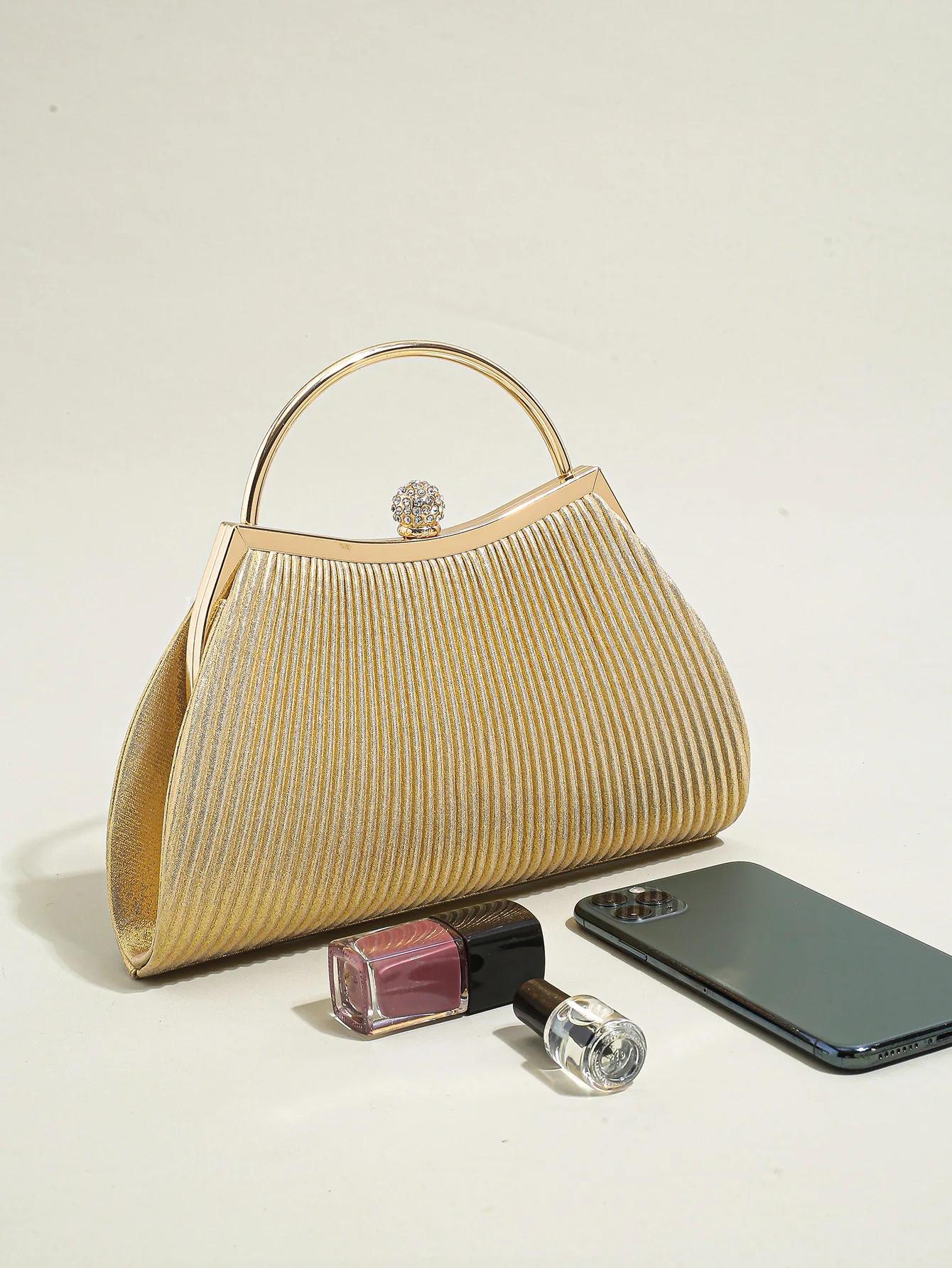 1 PC Ruched Evening Bag For Women, Top Ring Clutch Purse, Rhinestone Decor Handbags For Wedding Prom Dinner