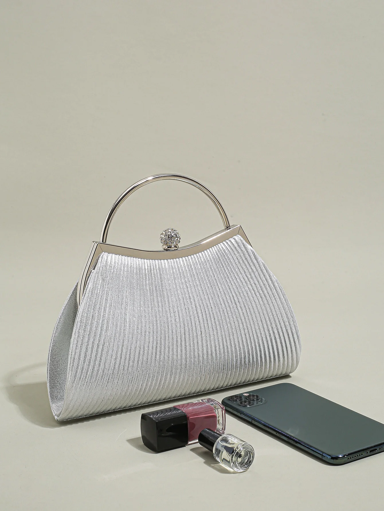 1 PC Ruched Evening Bag For Women, Top Ring Clutch Purse, Rhinestone Decor Handbags For Wedding Prom Dinner