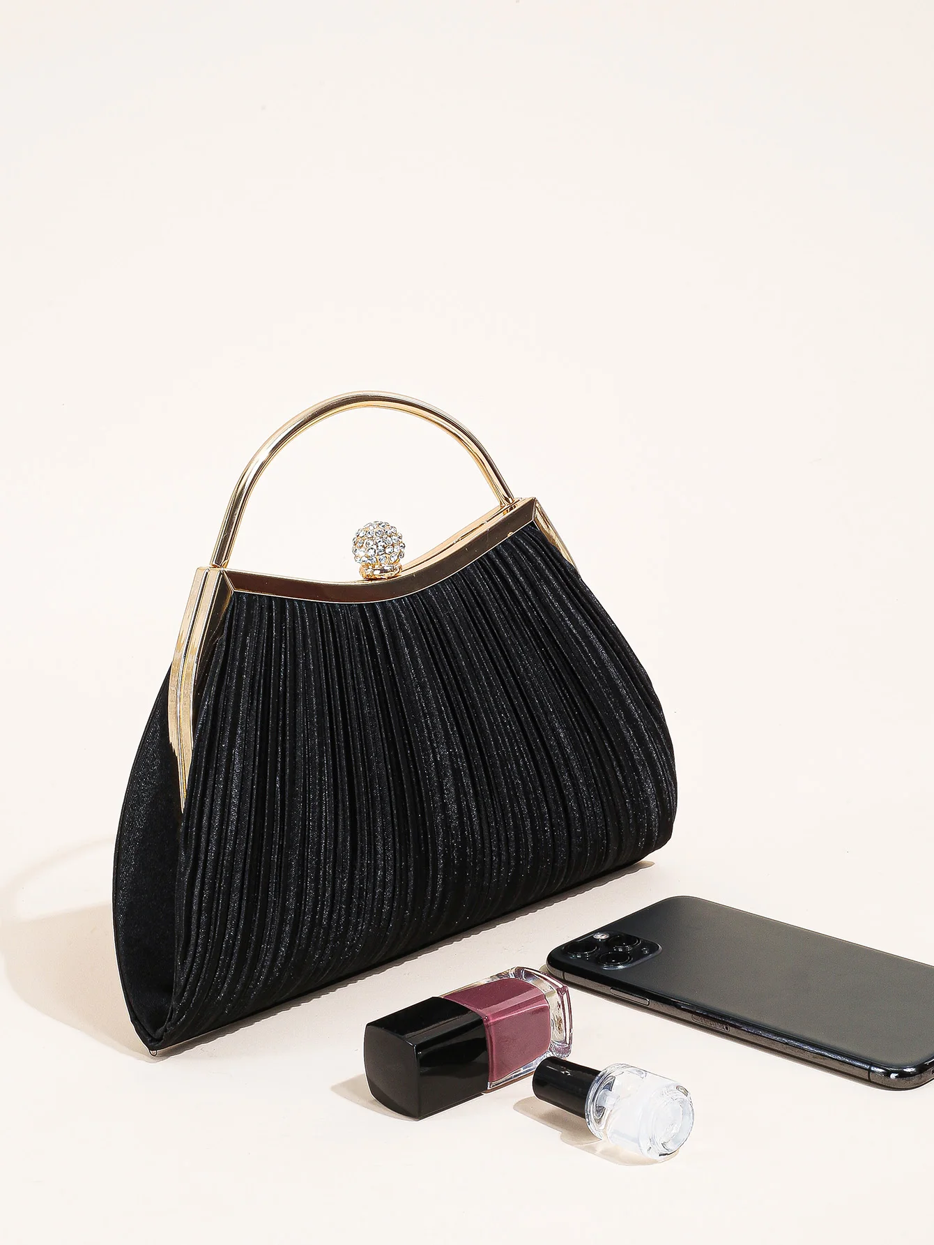 1 PC Ruched Evening Bag For Women, Top Ring Clutch Purse, Rhinestone Decor Handbags For Wedding Prom Dinner