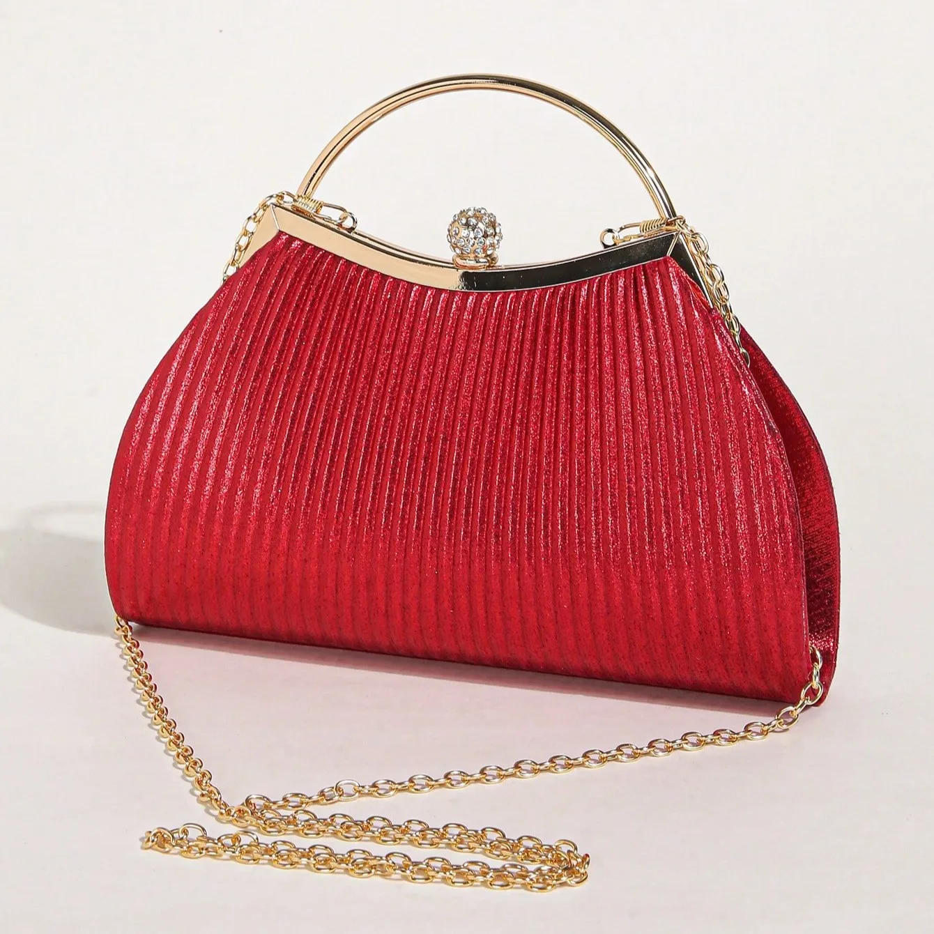 1 PC Ruched Evening Bag For Women, Top Ring Clutch Purse, Rhinestone Decor Handbags For Wedding Prom Dinner