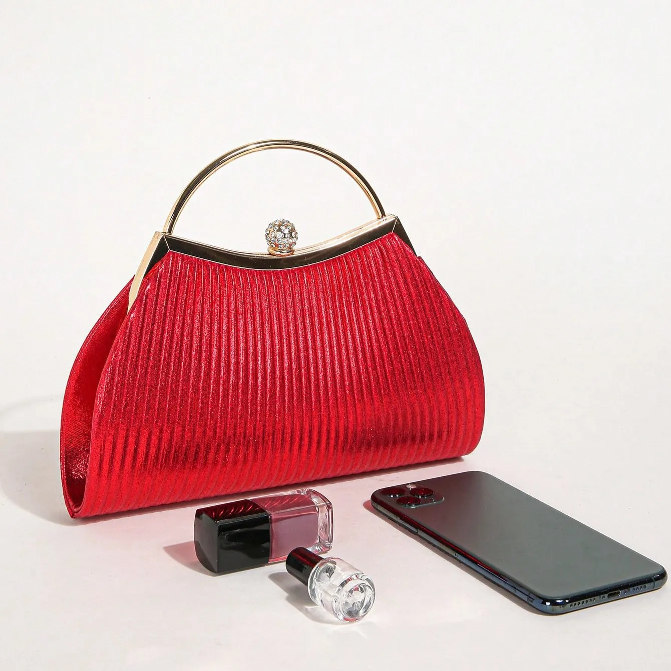 1 PC Ruched Evening Bag For Women, Top Ring Clutch Purse, Rhinestone Decor Handbags For Wedding Prom Dinner