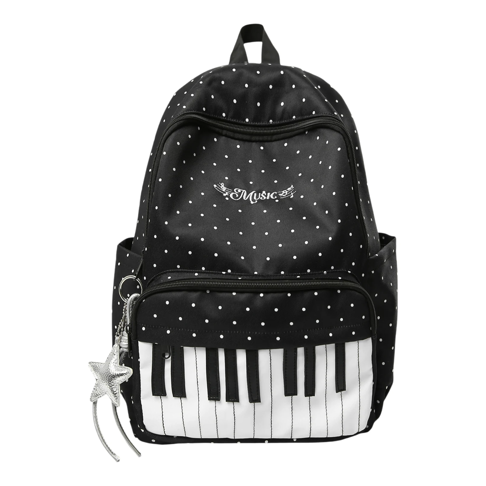 Nylon Casual Backpack 16.9 Inch Polka Dot Piano Key School Bag with Pendant for Teen Girls Travel Shopping Daily Use