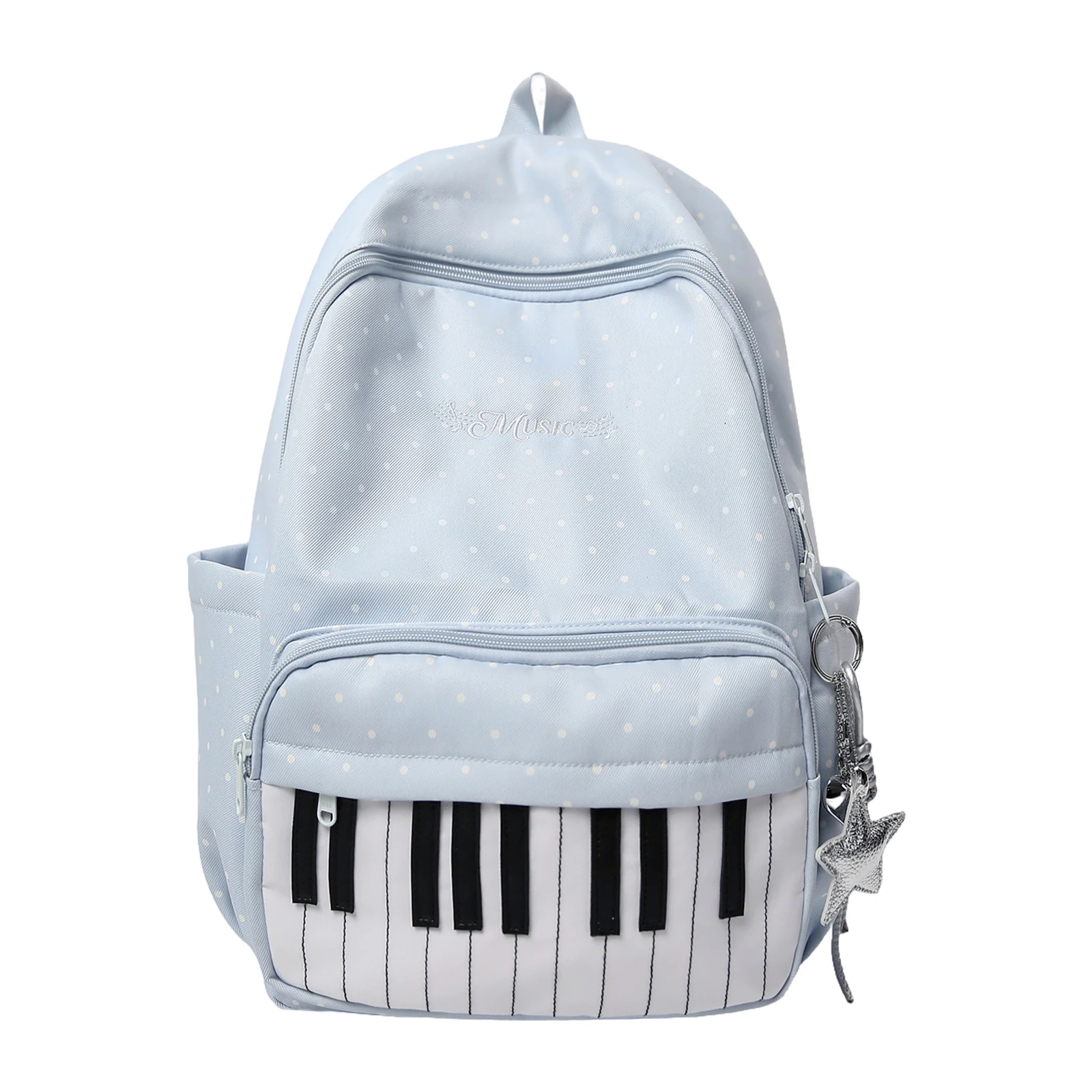Nylon Casual Backpack 16.9 Inch Polka Dot Piano Key School Bag with Pendant for Teen Girls Travel Shopping Daily Use