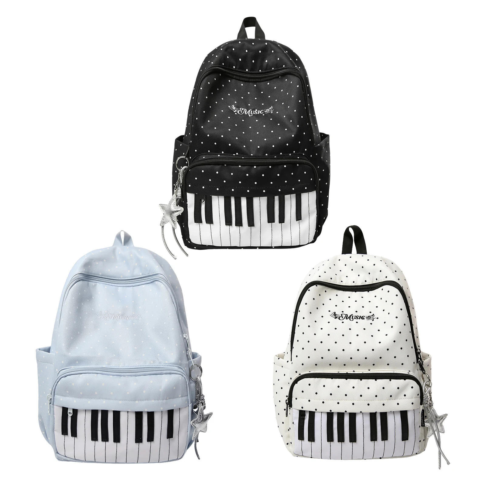 Nylon Casual Backpack 16.9 Inch Polka Dot Piano Key School Bag with Pendant for Teen Girls Travel Shopping Daily Use