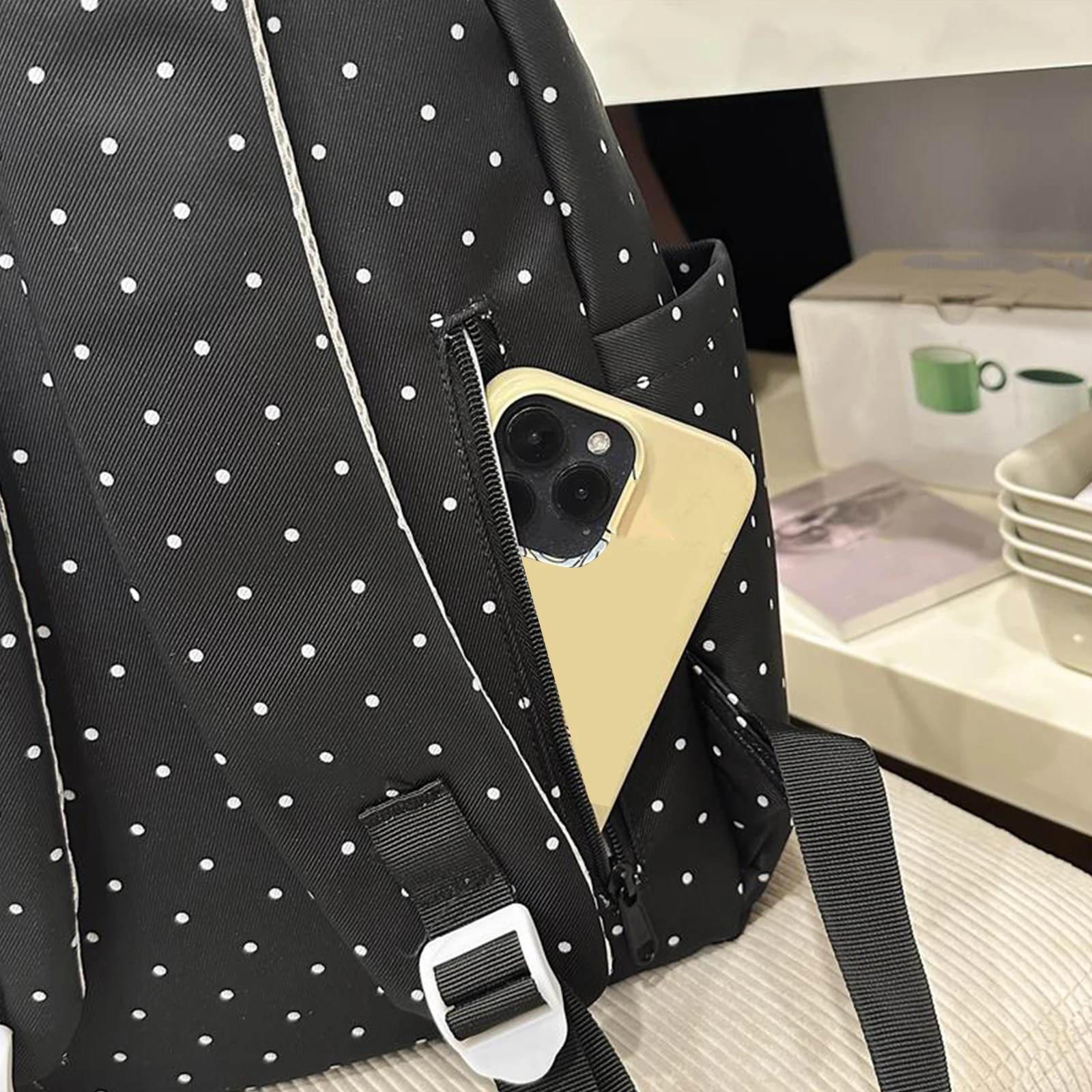 Nylon Casual Backpack 16.9 Inch Polka Dot Piano Key School Bag with Pendant for Teen Girls Travel Shopping Daily Use