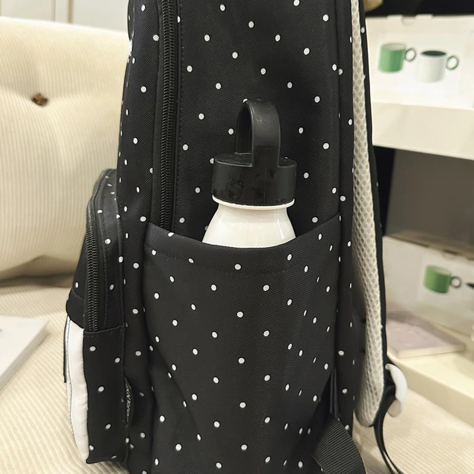 Nylon Casual Backpack 16.9 Inch Polka Dot Piano Key School Bag with Pendant for Teen Girls Travel Shopping Daily Use