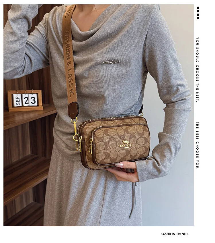 Original Circular-Pattern Logo Crossbody: Retro-luxury, durable fabric, adjustable strap. Ideal for daily/work/social use