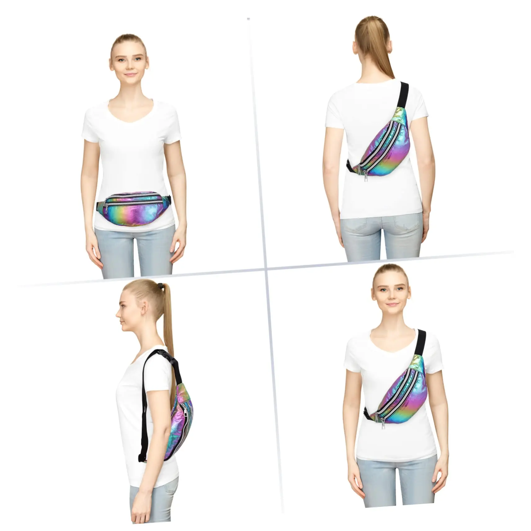 DX Holographic Fanny Pack Hologram Waist Bag Laser Beach Travel Banana Hip Bum Zip Waist Bags Women Belt Bag For Girls
