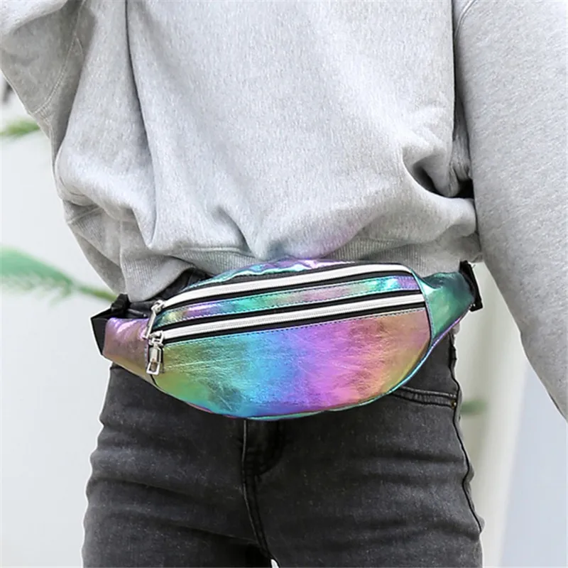 DX Holographic Fanny Pack Hologram Waist Bag Laser Beach Travel Banana Hip Bum Zip Waist Bags Women Belt Bag For Girls
