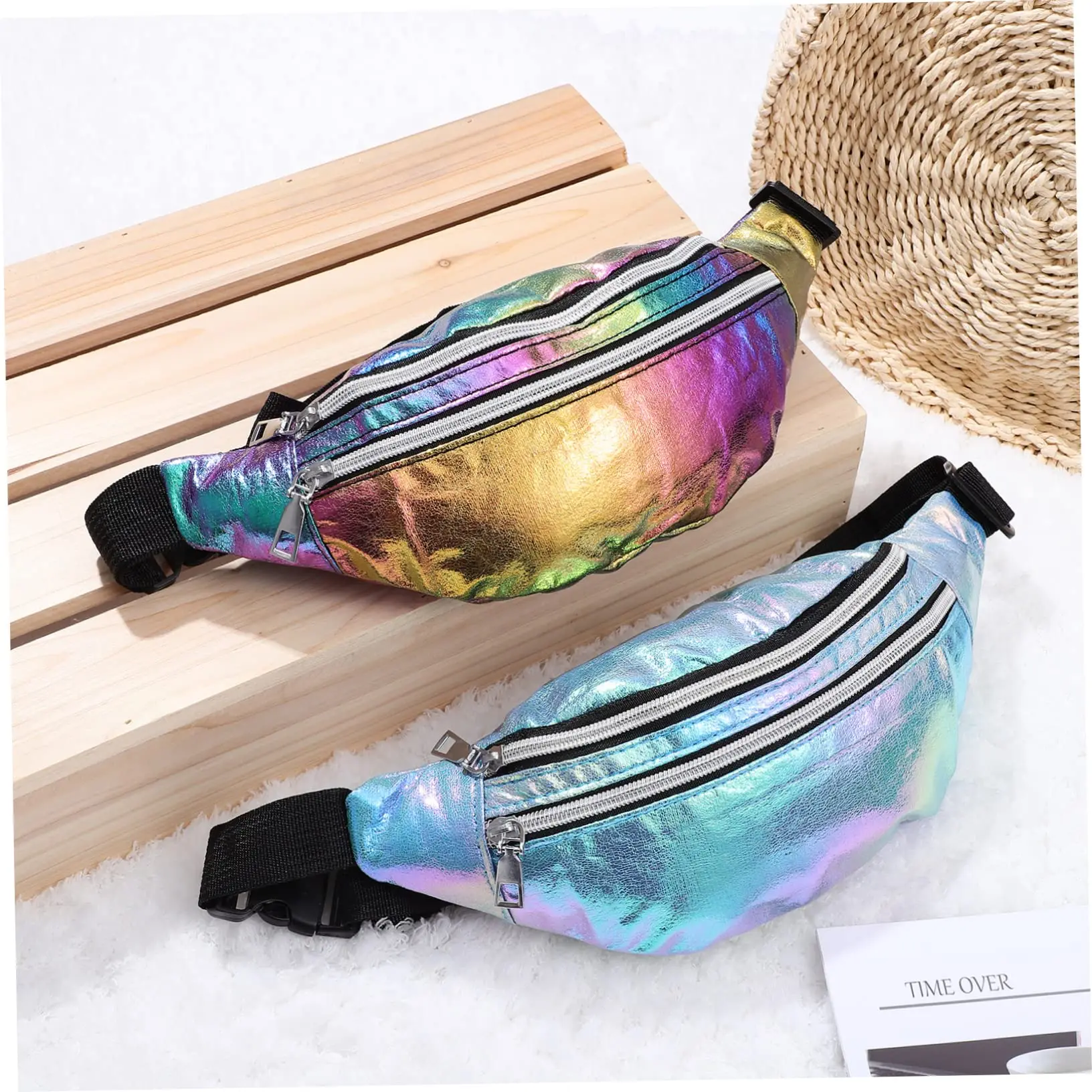 DX Holographic Fanny Pack Hologram Waist Bag Laser Beach Travel Banana Hip Bum Zip Waist Bags Women Belt Bag For Girls