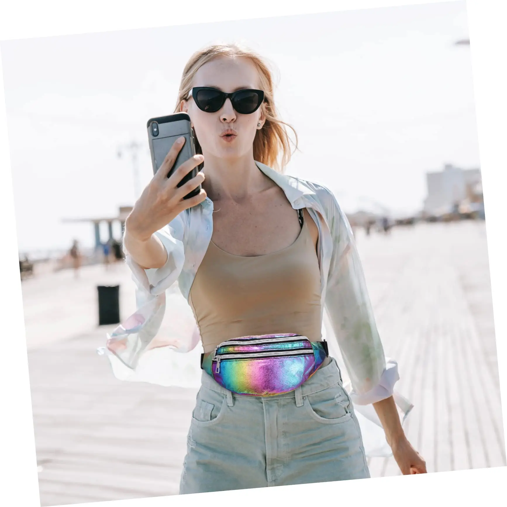 DX Holographic Fanny Pack Hologram Waist Bag Laser Beach Travel Banana Hip Bum Zip Waist Bags Women Belt Bag For Girls