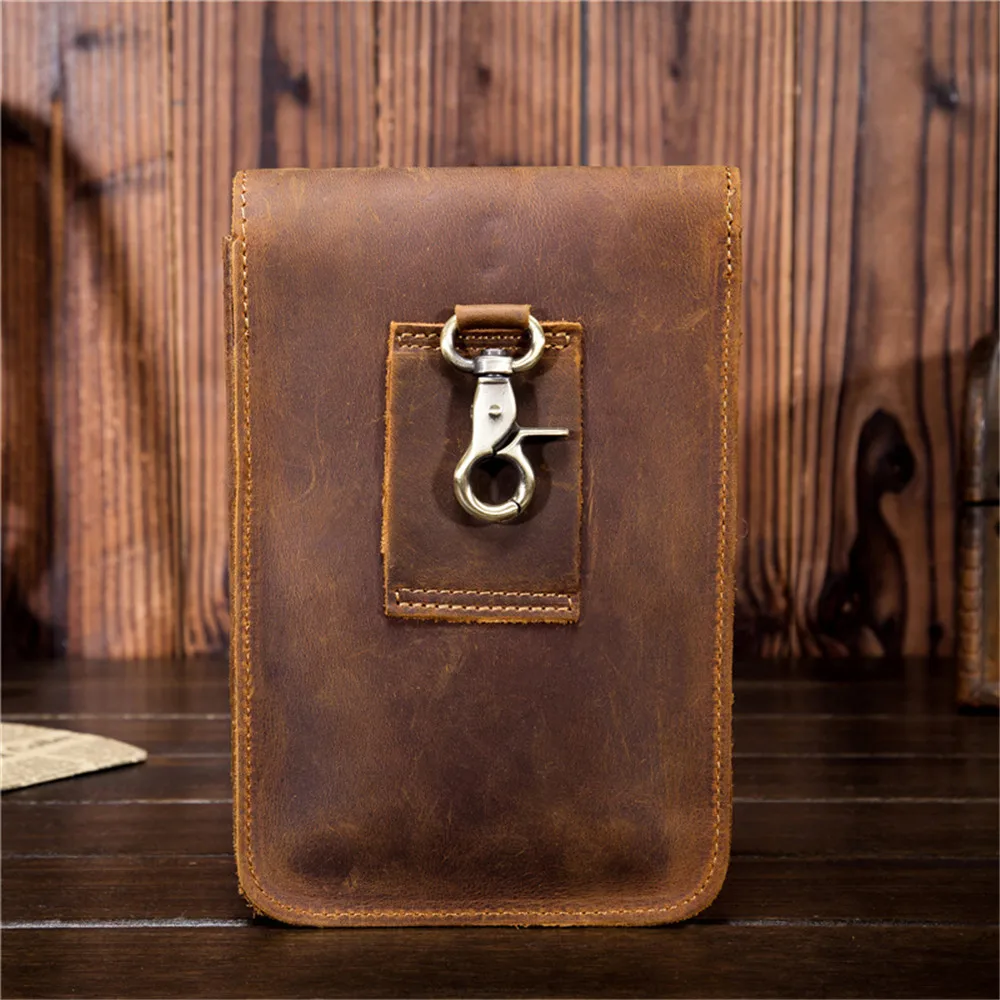 Men's Waist Pack Genuine Leather Pouch Waist Bag for Men Fanny Pack Cow Leather Mini Phone Bag Vintage Big Wallet Belt Loop Hoop