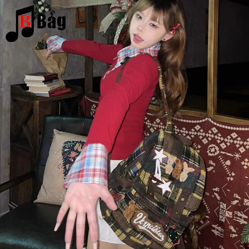 lovely fluffy Melard color scheme Backpack Women Gothic Punk Spicy Girl bunny Retro Vintage Bag Large Capacity Commuting Tote