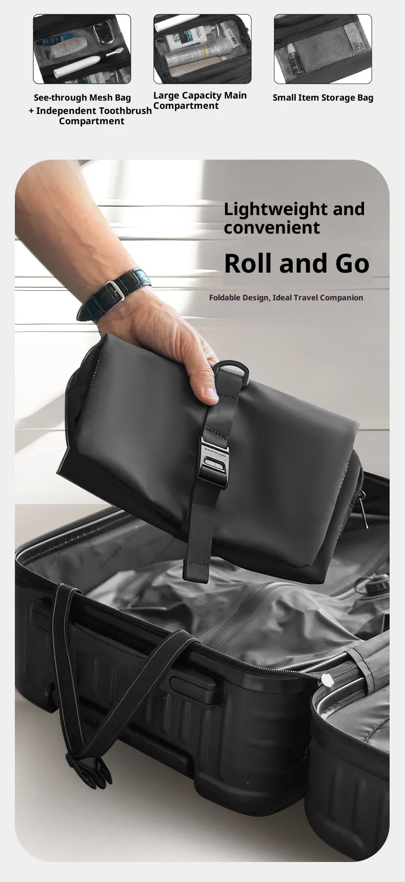 MARK RYDEN Travel Toiletry Bag Waterproof Organizer Bag Elegant Black Lightweight Pouch