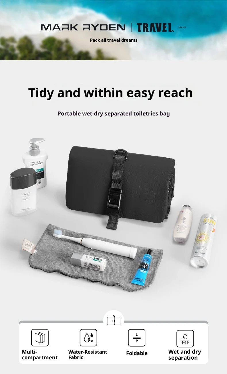 MARK RYDEN Travel Toiletry Bag Waterproof Organizer Bag Elegant Black Lightweight Pouch