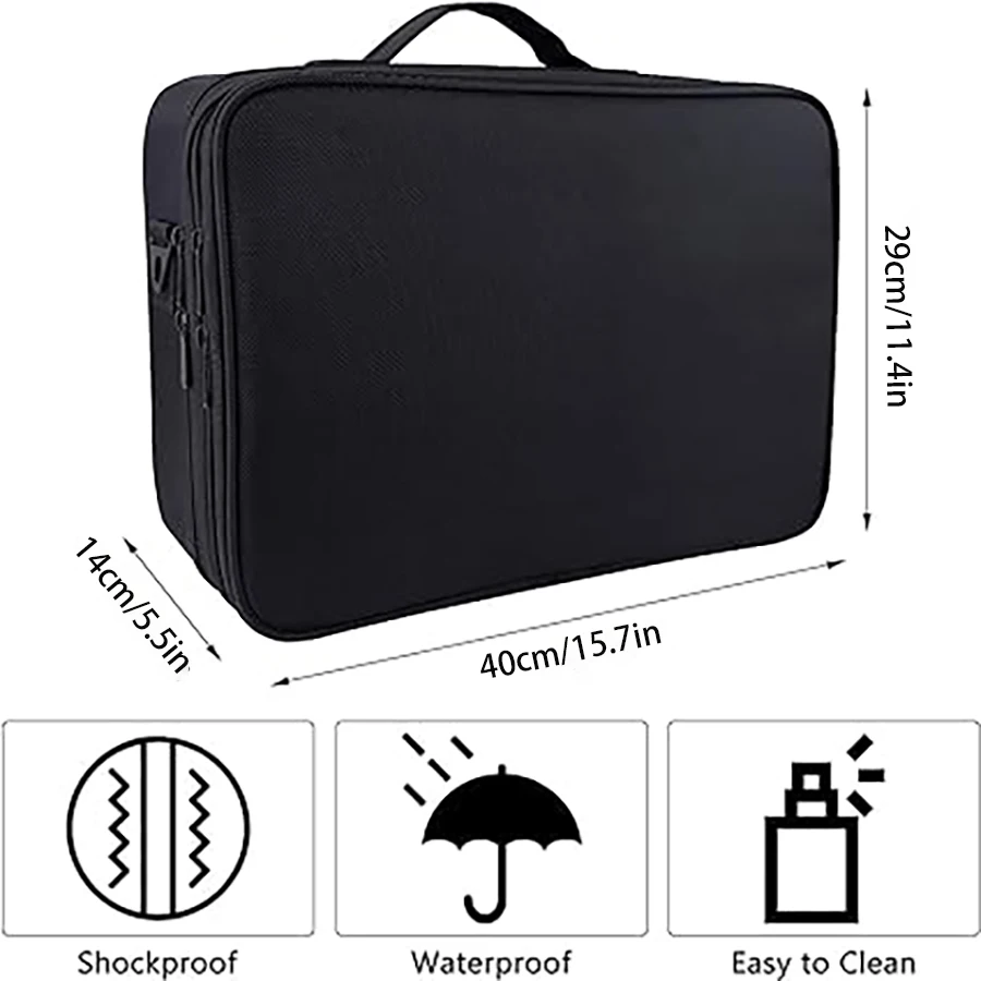Large capacity travel makeup case, portable artist organizer with adjustable dividers and shoulder strap for toiletries jewelry