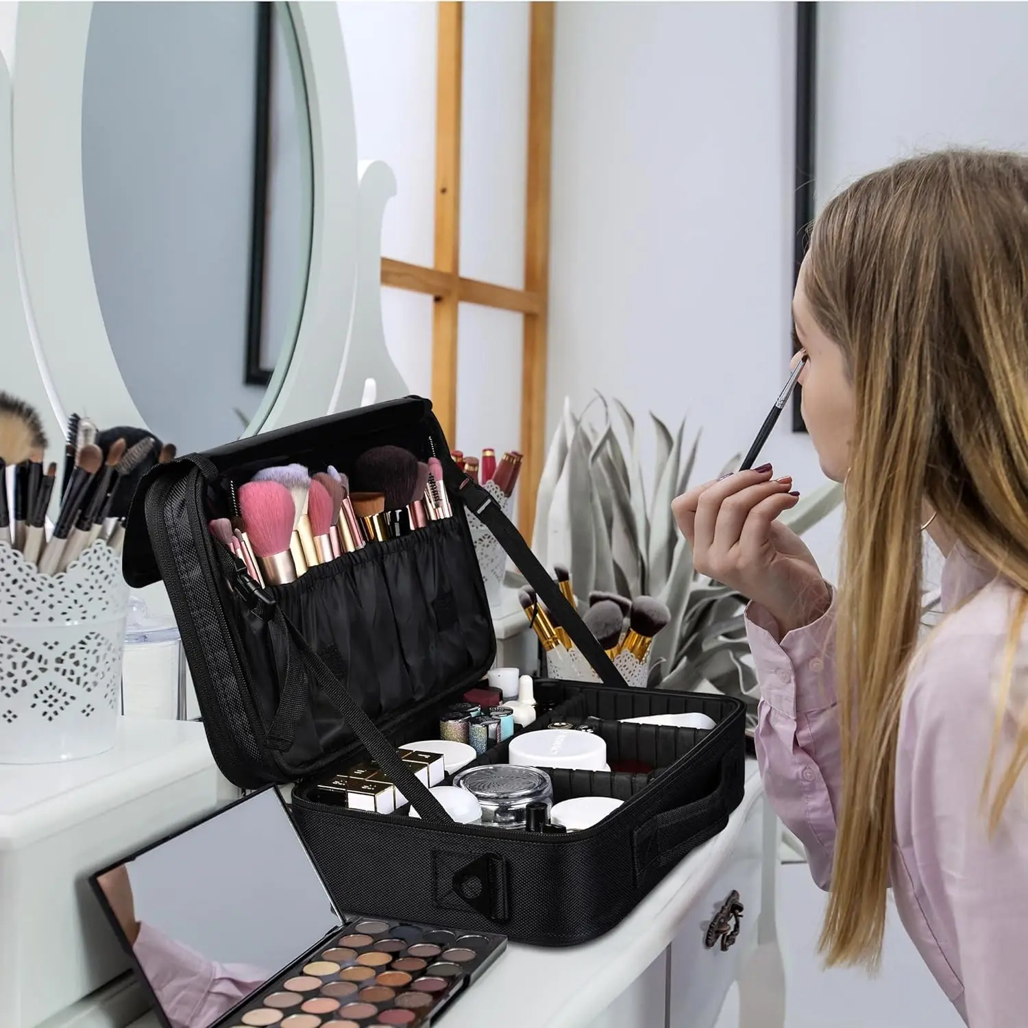 Large capacity travel makeup case, portable artist organizer with adjustable dividers and shoulder strap for toiletries jewelry