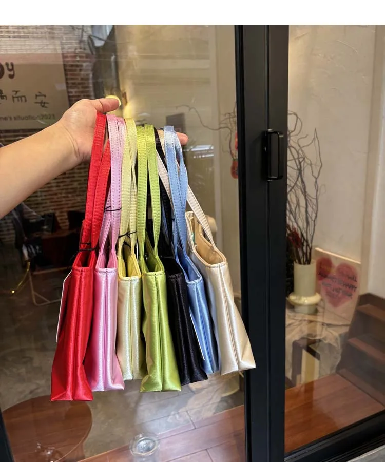 Women's Silk Satin Handbag Small Square Tote Bag Solid Color Double Strap Shoulder Bag Versatile Underarm Phone Purse Fashion