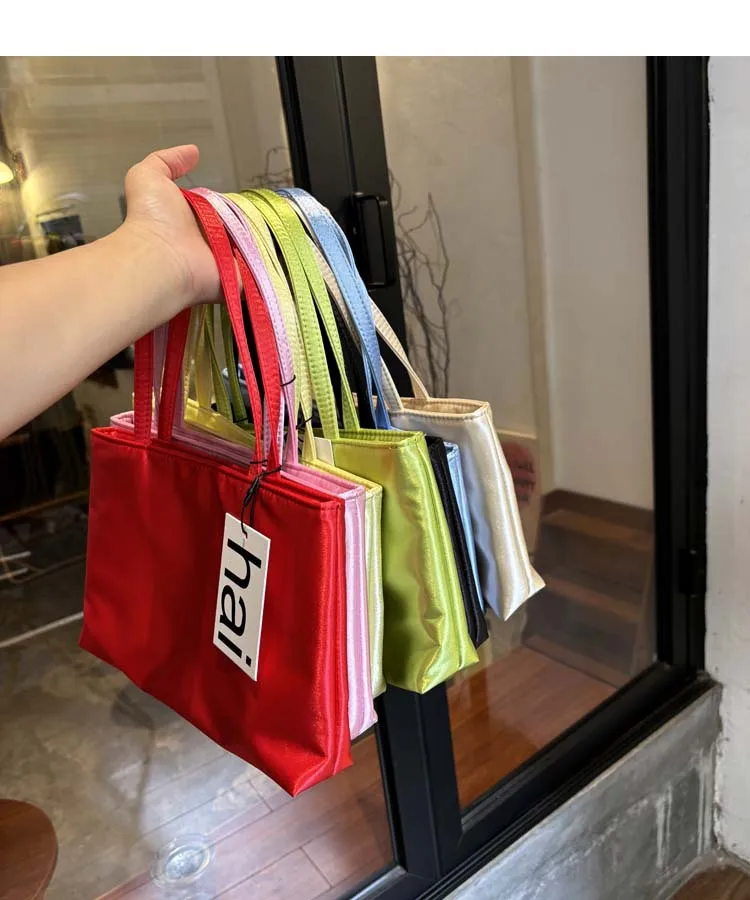 Women's Silk Satin Handbag Small Square Tote Bag Solid Color Double Strap Shoulder Bag Versatile Underarm Phone Purse Fashion