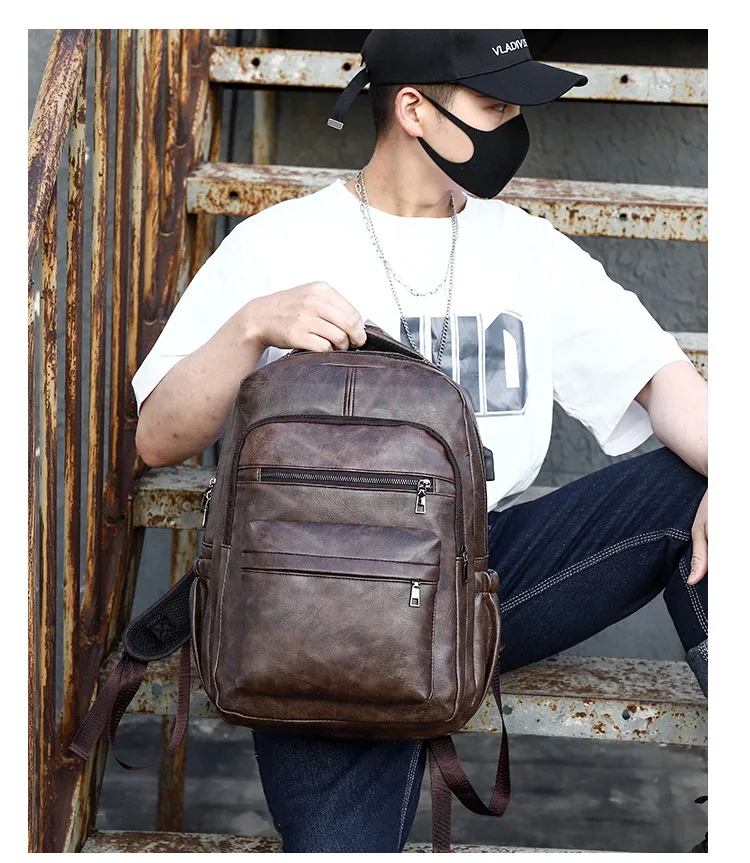 High Quality USB Charging Backpack Men PU Leather Bagpack Large Laptop Backpacks Male Mochilas Schoolbag For Teenagers Boys