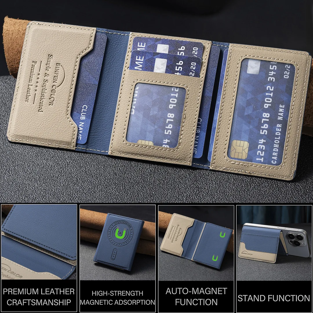 Suitable for IPhone 16 Three Fold Magnetic Wallet Card Holder, Magnetic Wallet Back Suction Universal Mobile Phone Card Bag