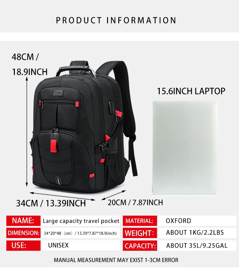 Large-Capacity Backpack 30L Men Portable Casual Backpack Multiple Compartments Anti-Theft Design Laptop Bag Zipper Daypack