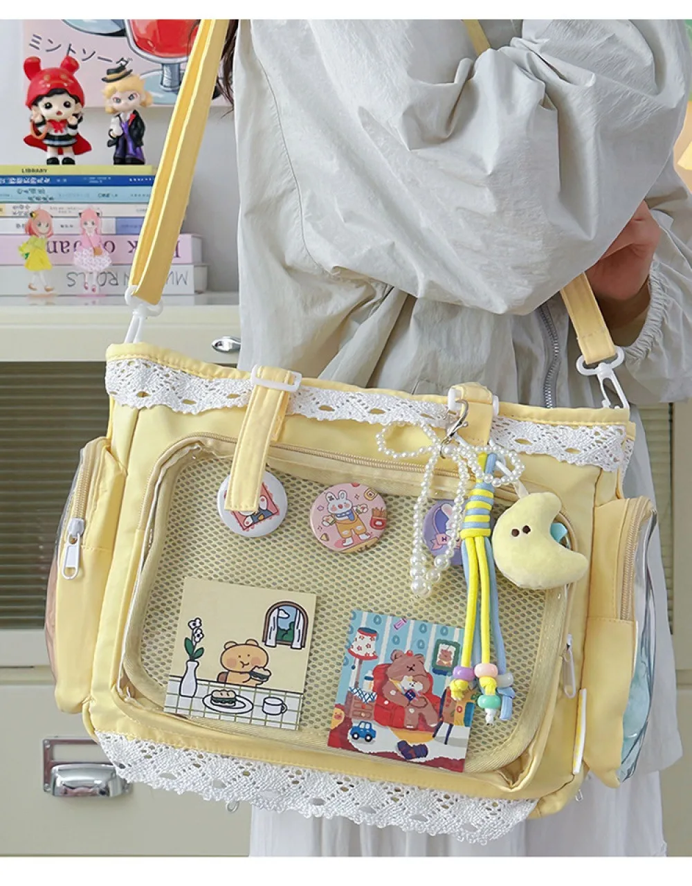 Kawaii Yellow Lace Ita Bag Tote Bag Large Capacity Clear Window Anime Pin Badge Display Shoulder Bag Lolita Cute Handbag for Com