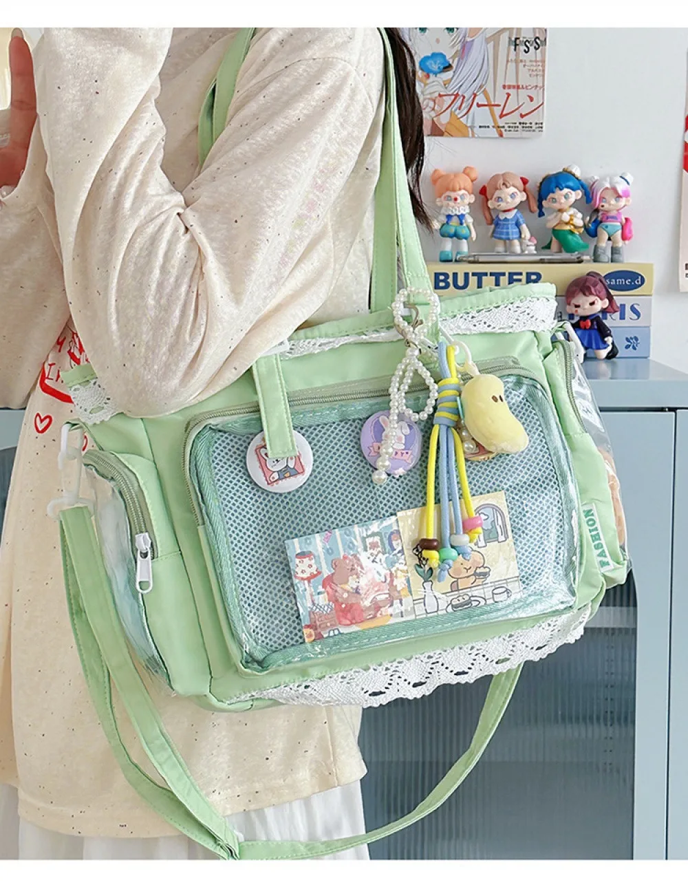 Kawaii Yellow Lace Ita Bag Tote Bag Large Capacity Clear Window Anime Pin Badge Display Shoulder Bag Lolita Cute Handbag for Com