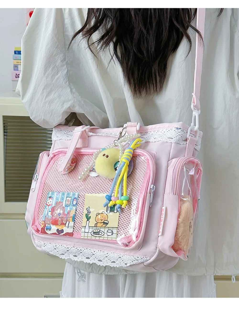 Kawaii Yellow Lace Ita Bag Tote Bag Large Capacity Clear Window Anime Pin Badge Display Shoulder Bag Lolita Cute Handbag for Com