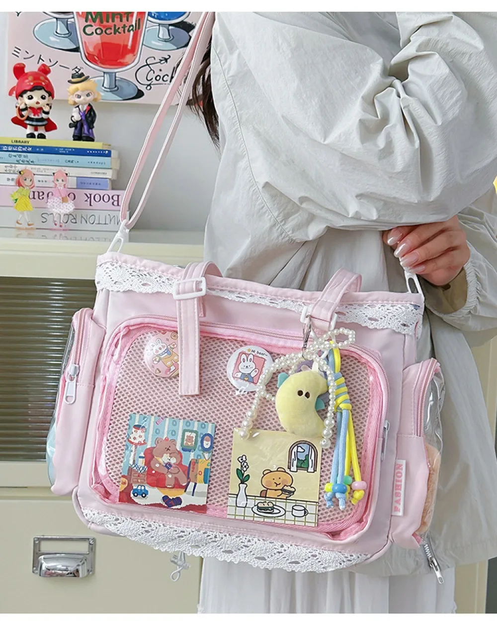 Kawaii Yellow Lace Ita Bag Tote Bag Large Capacity Clear Window Anime Pin Badge Display Shoulder Bag Lolita Cute Handbag for Com