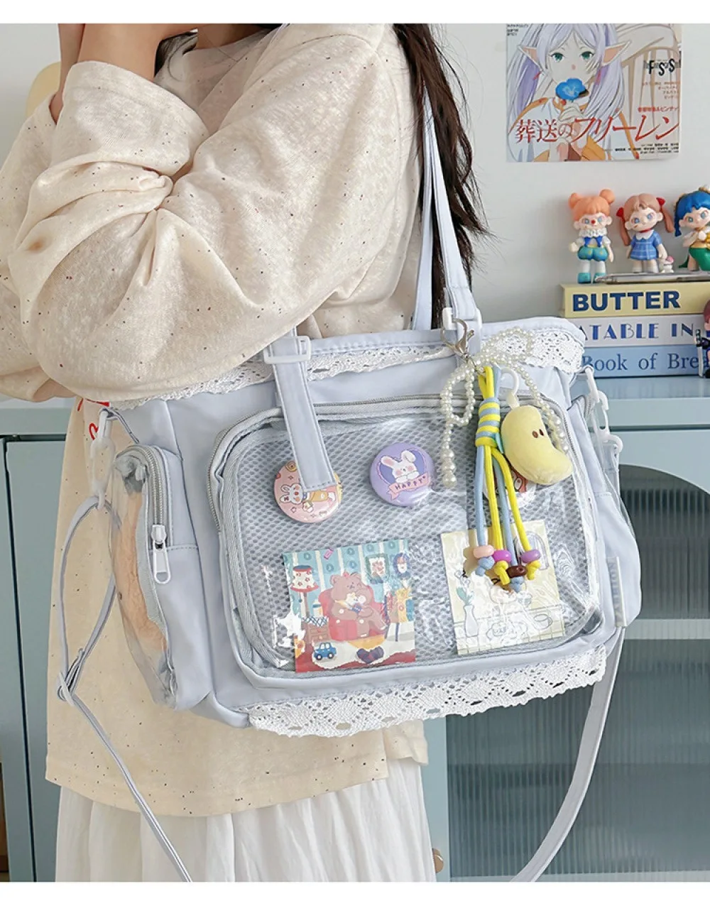 Kawaii Yellow Lace Ita Bag Tote Bag Large Capacity Clear Window Anime Pin Badge Display Shoulder Bag Lolita Cute Handbag for Com