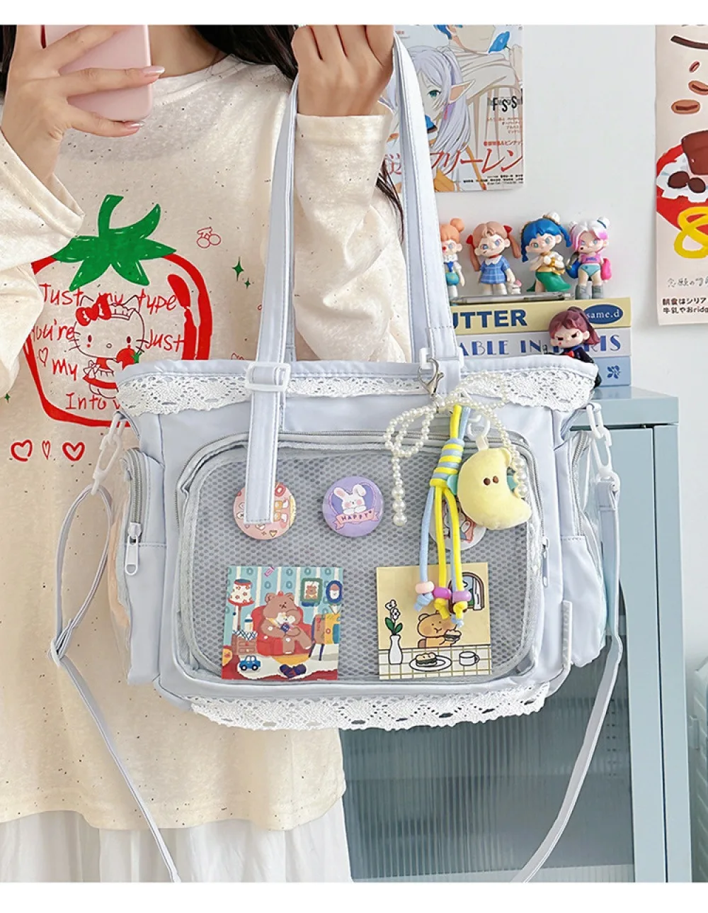 Kawaii Yellow Lace Ita Bag Tote Bag Large Capacity Clear Window Anime Pin Badge Display Shoulder Bag Lolita Cute Handbag for Com